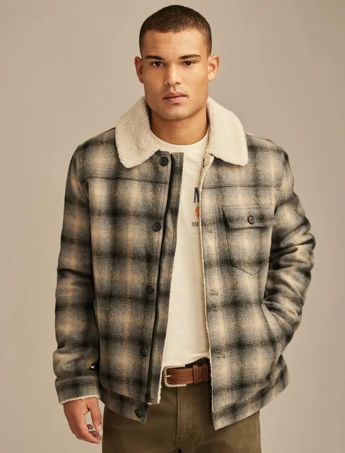 Plaid Faux Shearling Lined Trucker Jacket Grey Plaid Men Lucky Brand Jackets and Outerwear