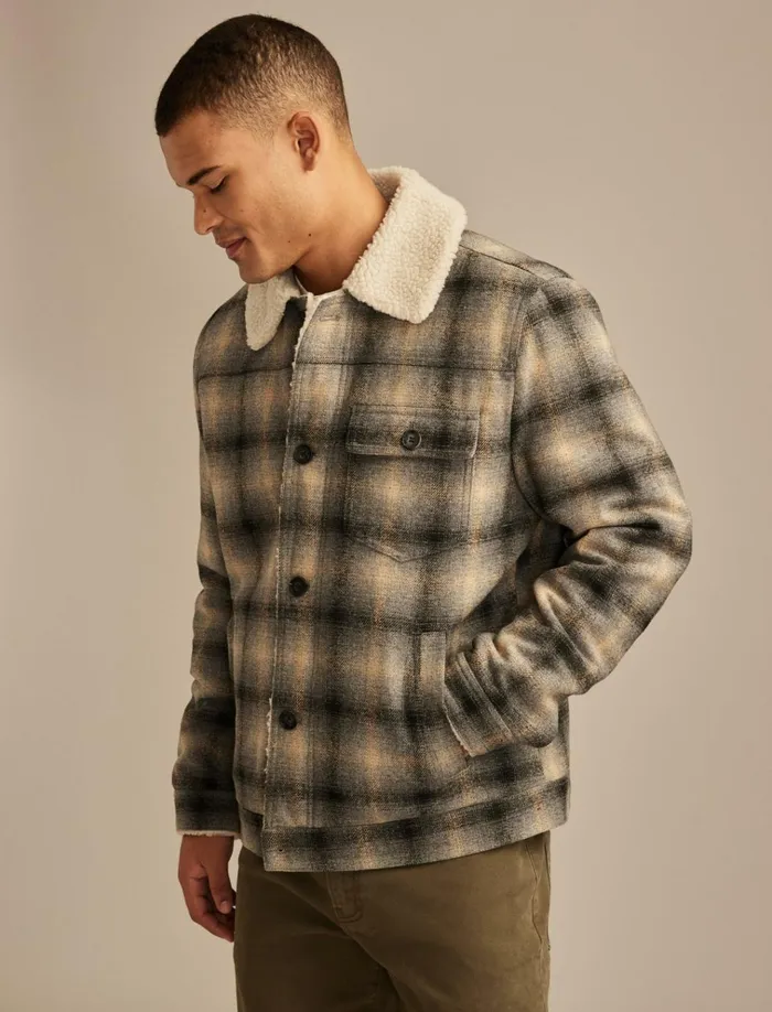 Plaid Faux Shearling Lined Trucker Jacket Grey Plaid Men Lucky Brand Jackets and Outerwear