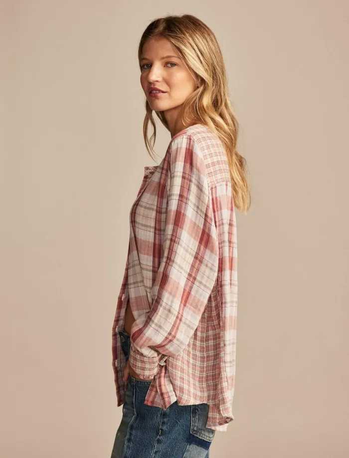 Plaid Mix Buttondown Shirt Burgundy Plaid Women Lucky Brand Blouses