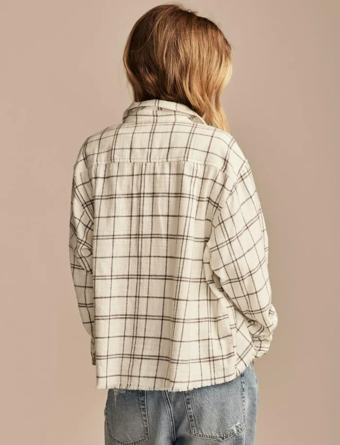 Raw Edge Cropped Buttondown Shirt Cream Black Plaid Women Lucky Brand Blouses