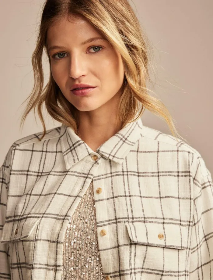 Raw Edge Cropped Buttondown Shirt Cream Black Plaid Women Lucky Brand Blouses