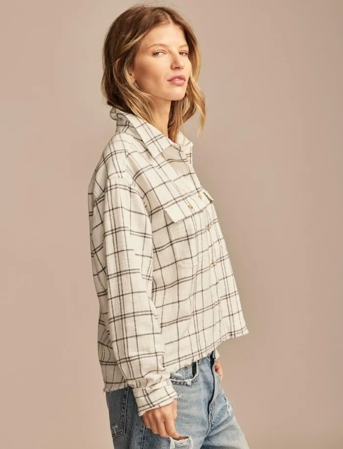Raw Edge Cropped Buttondown Shirt Cream Black Plaid Women Lucky Brand Blouses