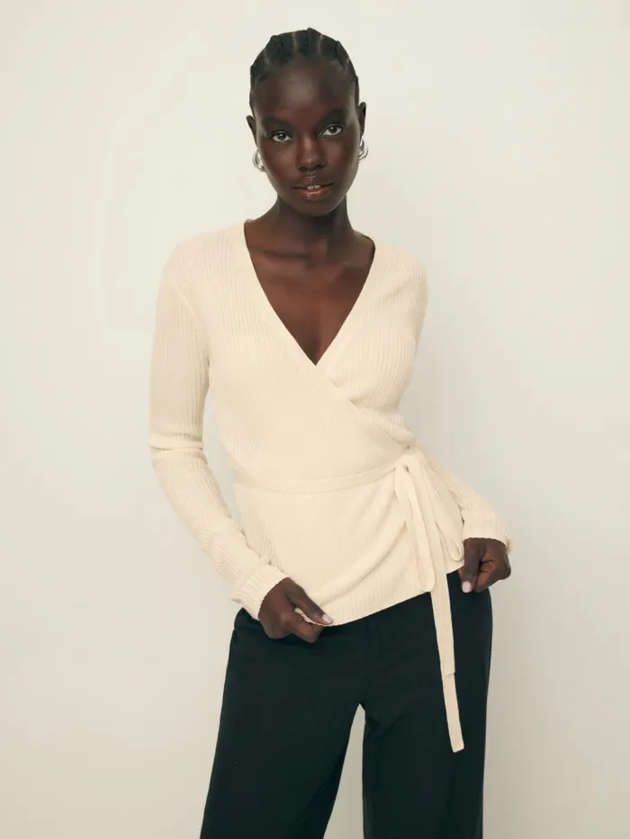 Reformation Sweaters Blaire Ribbed Wrap Cardigan Almond 8211 Women