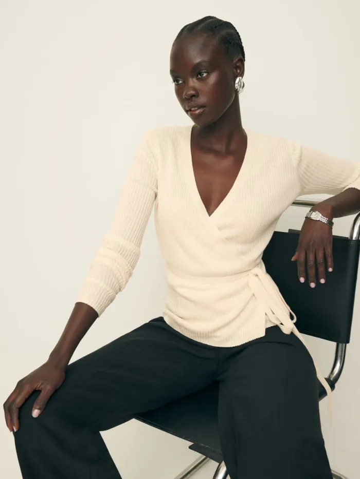 Reformation Sweaters Blaire Ribbed Wrap Cardigan Almond 8211 Women