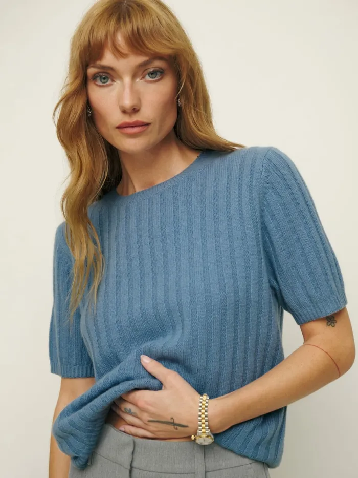 Reformation Sweaters Tess Cashmere Short Sleeve Sweater Bluebell 8211 Women