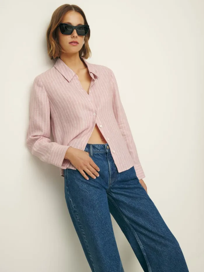 Reformation Tops Sky Relaxed Linen Top Babygirl Stripe 8211 Women