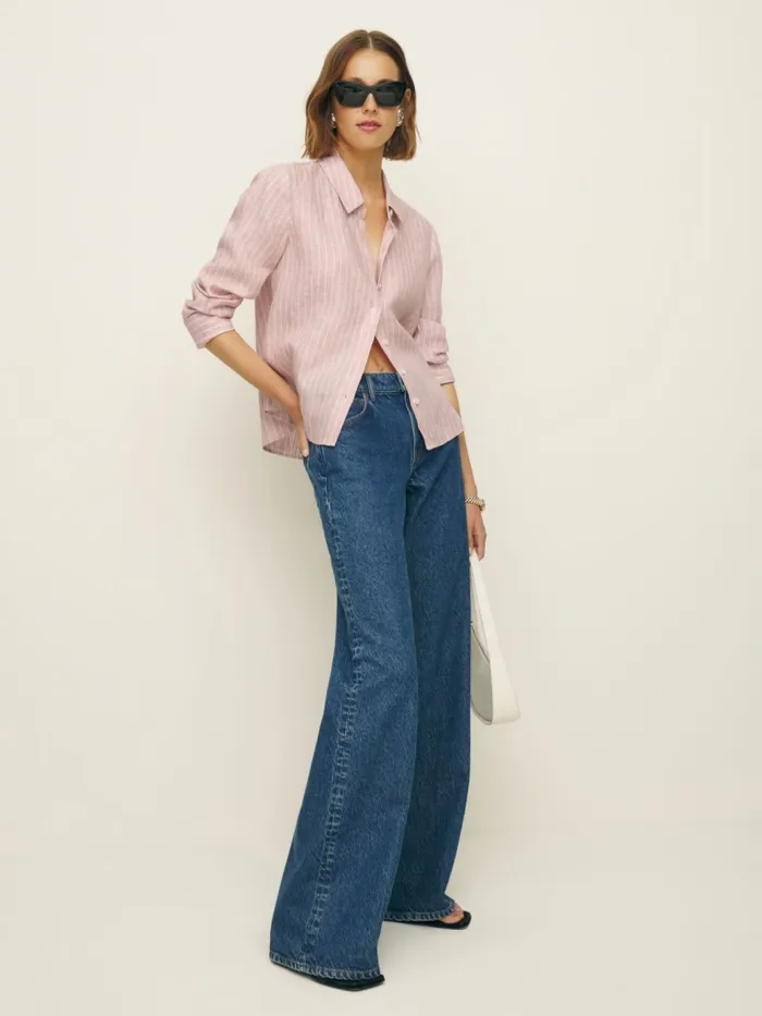 Reformation Tops Sky Relaxed Linen Top Babygirl Stripe 8211 Women