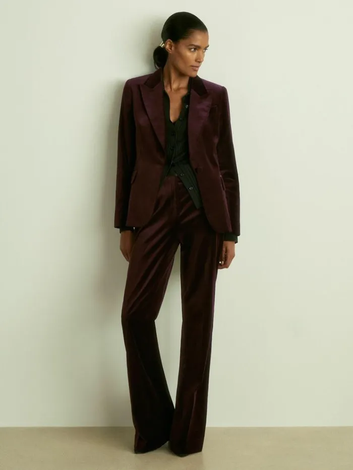 REISS Blazers and Jackets Women Cotton Velvet Blazer Burgundy