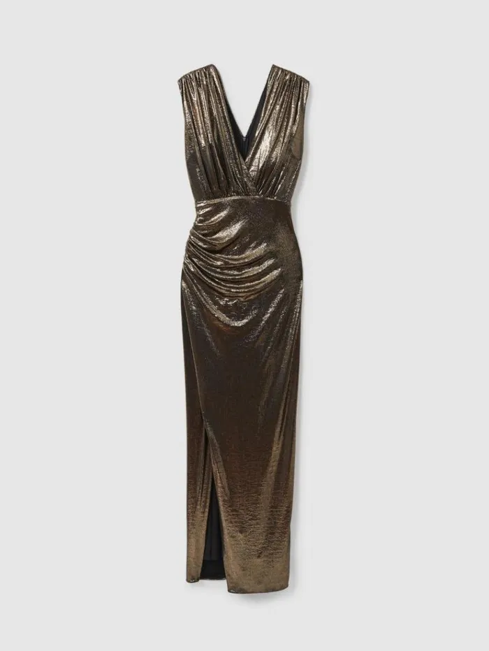 REISS Dresses Women Halston Metallic Ruched Maxi Dress Gold