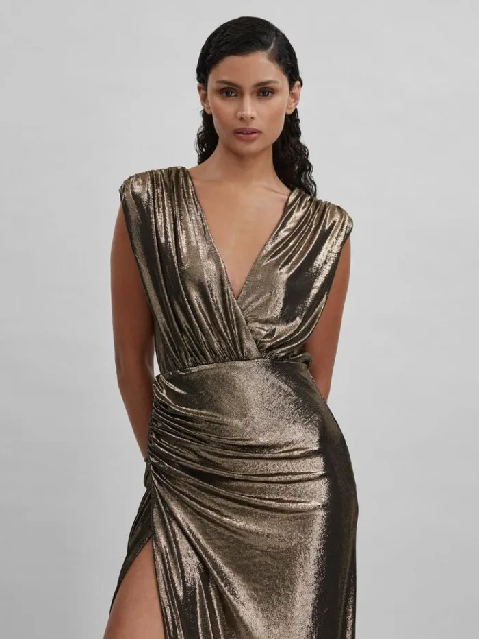 REISS Dresses Women Halston Metallic Ruched Maxi Dress Gold