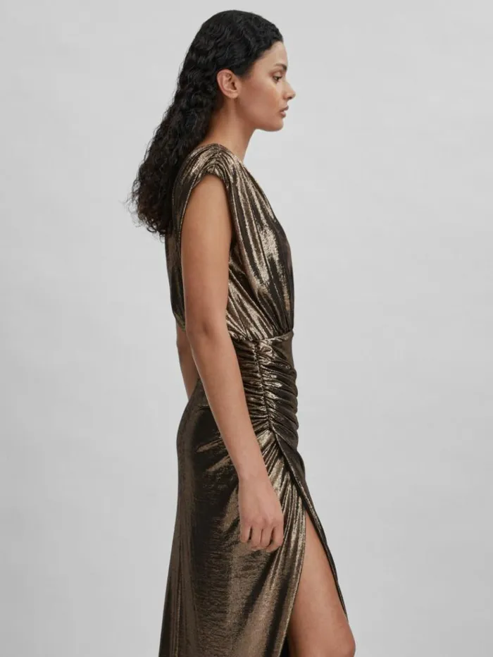REISS Dresses Women Halston Metallic Ruched Maxi Dress Gold
