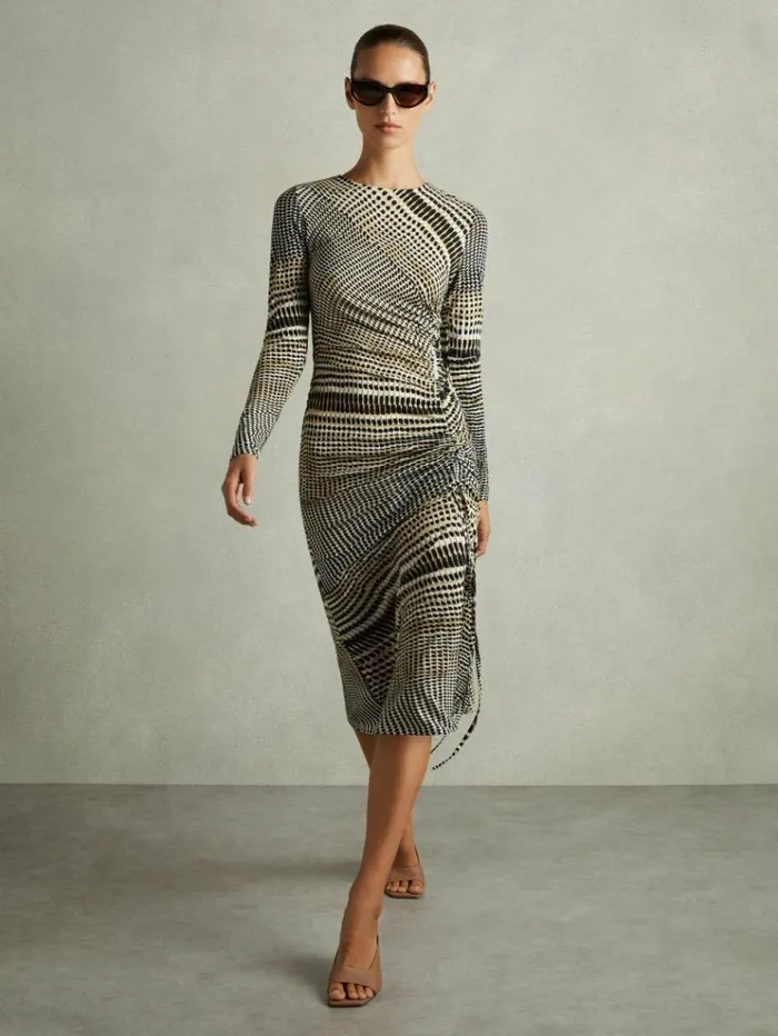 REISS Dresses Women Printed Ruched Midi Dress Blackolive