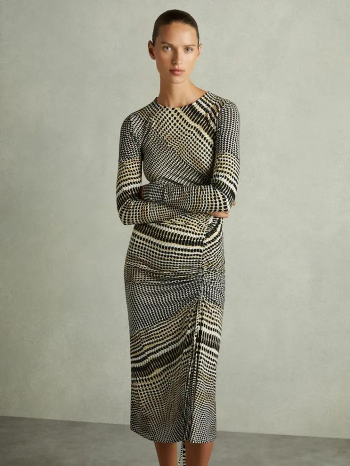 REISS Dresses Women Printed Ruched Midi Dress Blackolive