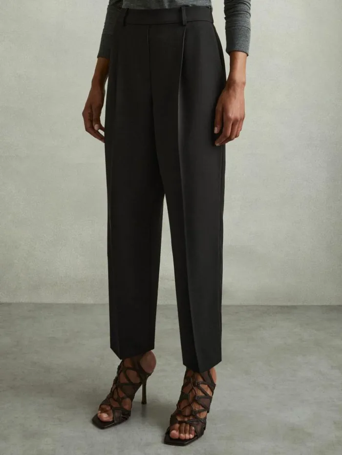 REISS Pants Women Front Pleat Tapered Trousers Black