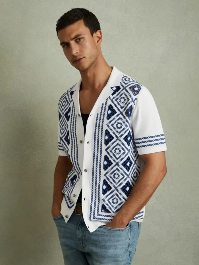 REISS Shirts Men Contrast Embroidered Cuban Collar Shirt Whitebright Blue