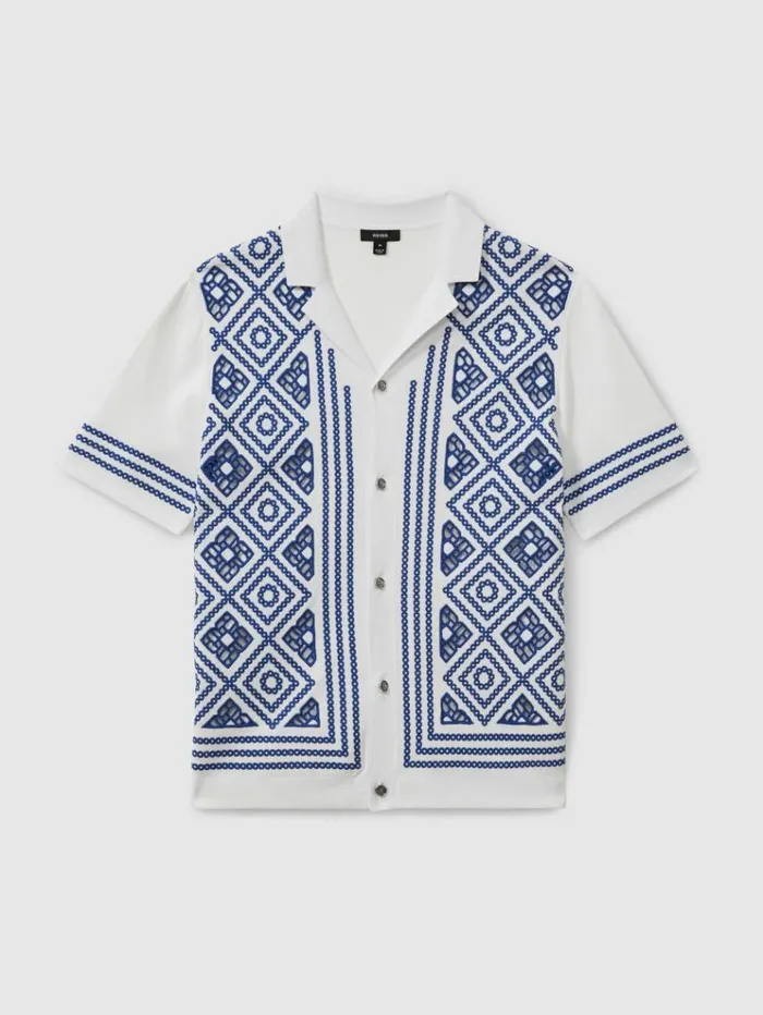 REISS Shirts Men Contrast Embroidered Cuban Collar Shirt Whitebright Blue