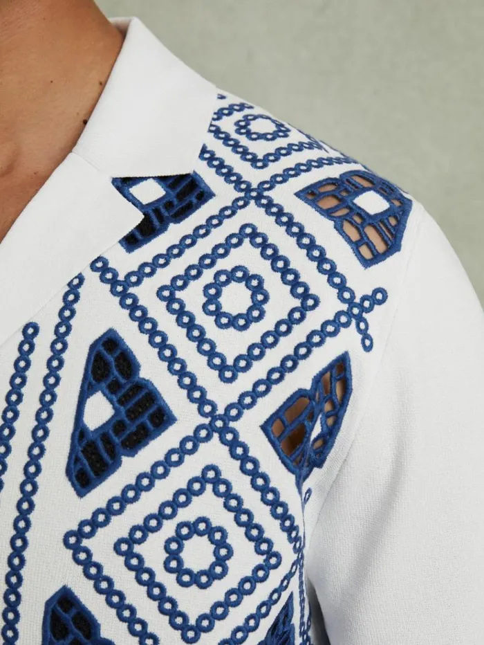 REISS Shirts Men Contrast Embroidered Cuban Collar Shirt Whitebright Blue