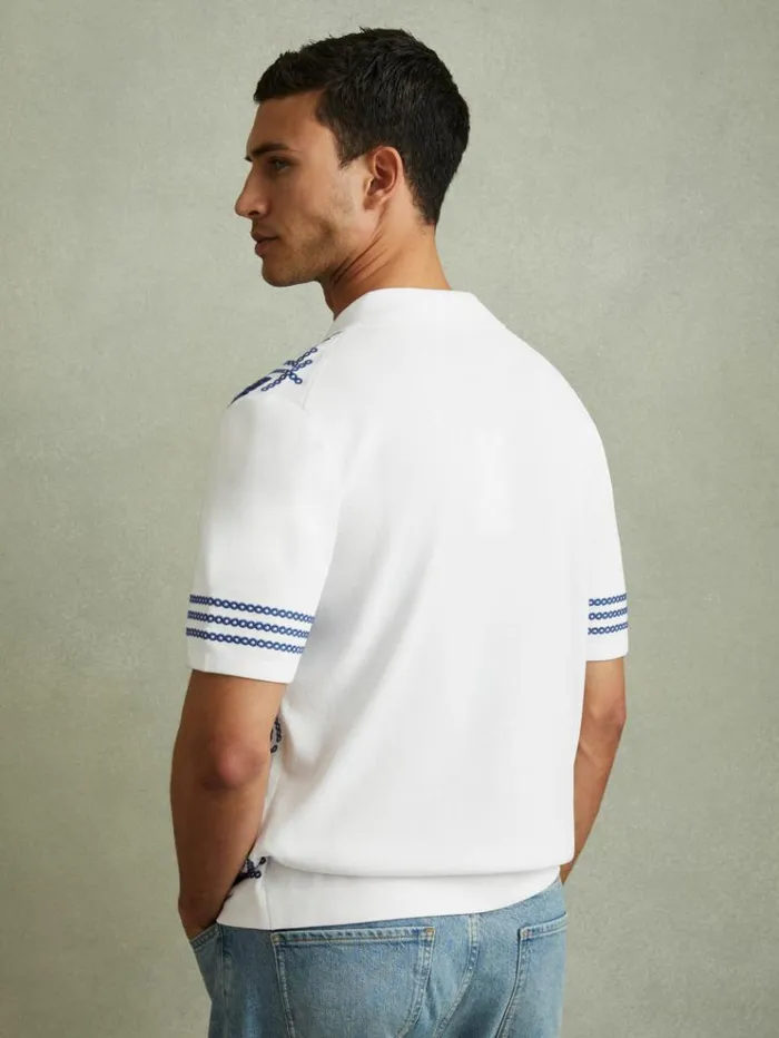 REISS Shirts Men Contrast Embroidered Cuban Collar Shirt Whitebright Blue