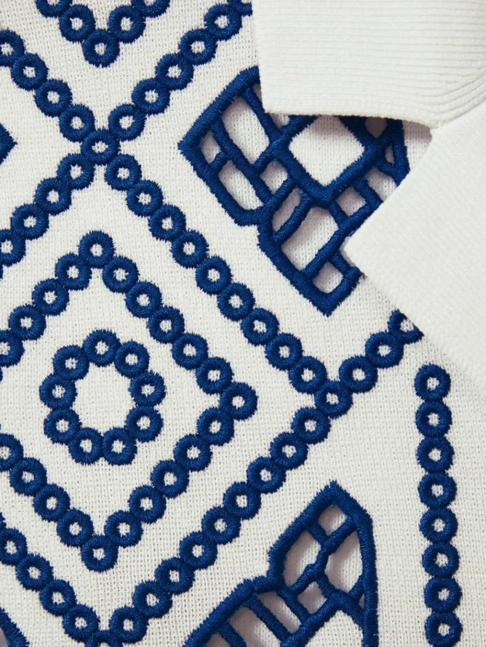 REISS Shirts Men Contrast Embroidered Cuban Collar Shirt Whitebright Blue