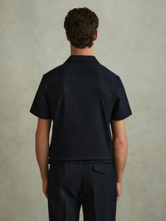 REISS Shirts Men Herringbone Cuban Collar Shirt Navy