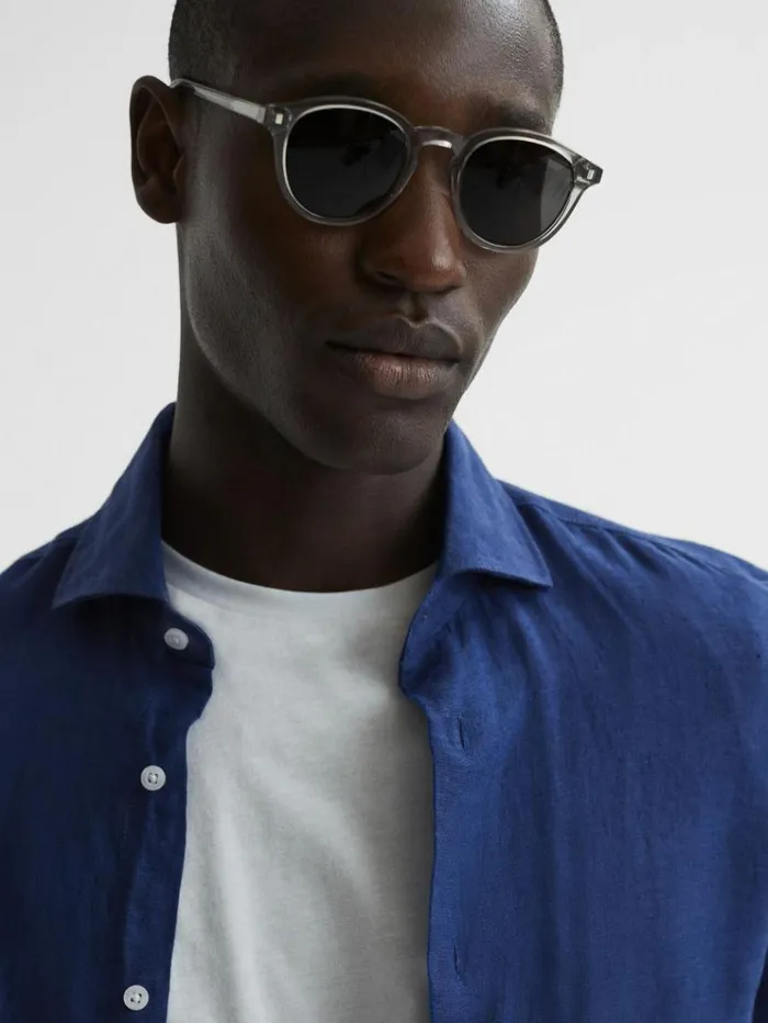 REISS Shirts Men Linen Button Through Shirt Royal Blue REISS Shirts Men Linen Button Through Shirt Royal Blue