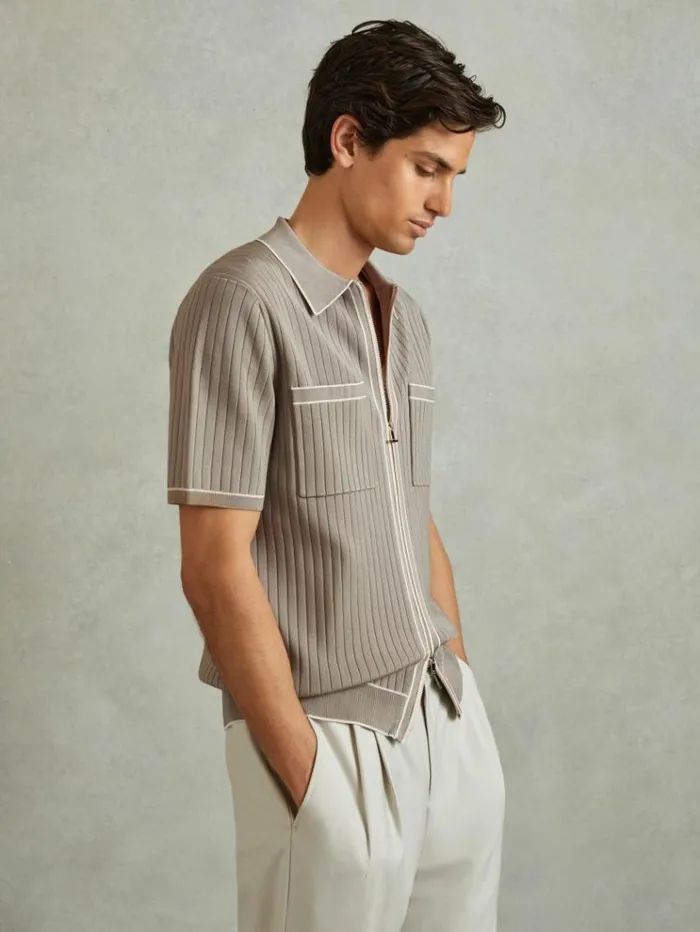 REISS Shirts Men Ribbed Dual ZipFront Shirt Stone