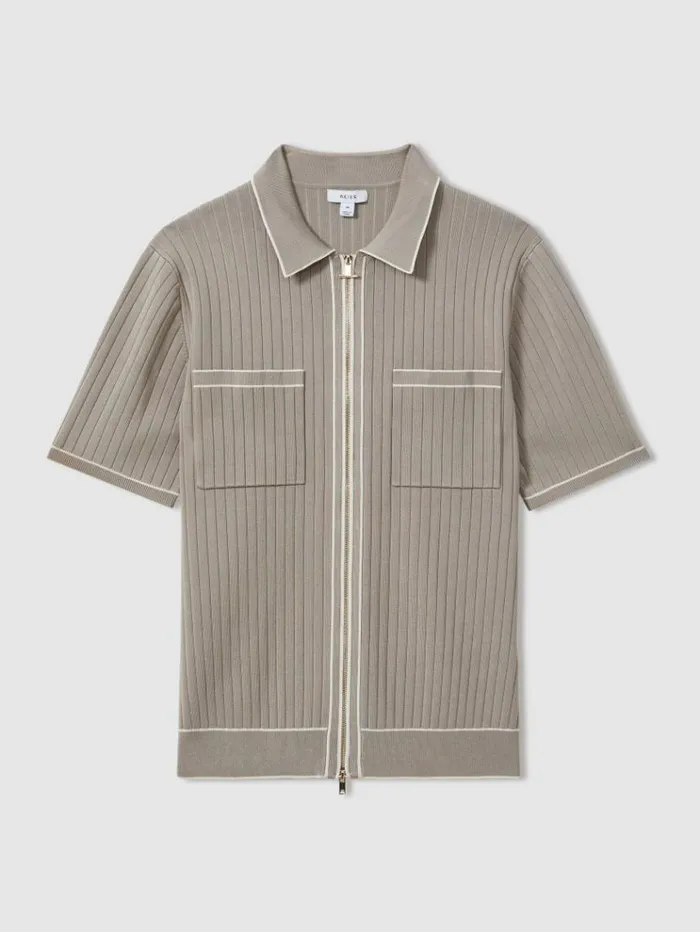 REISS Shirts Men Ribbed Dual ZipFront Shirt Stone