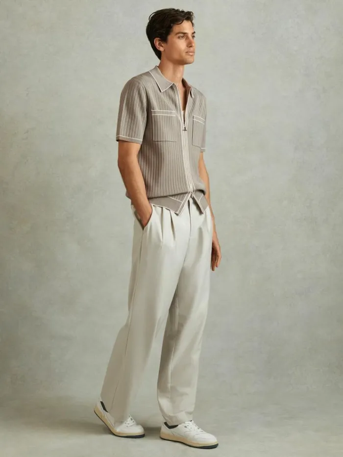 REISS Shirts Men Ribbed Dual ZipFront Shirt Stone