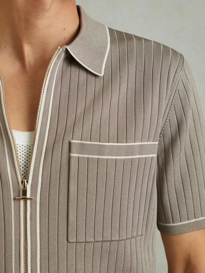 REISS Shirts Men Ribbed Dual ZipFront Shirt Stone