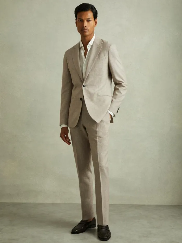 REISS Suits and Tailoring Men WoolLinen Checked Side Adjuster Modern Fit Trousers Oatmeal REISS Suits and Tailoring Men WoolLinen Checked Side Adjuster Modern Fit Trousers Oatmeal