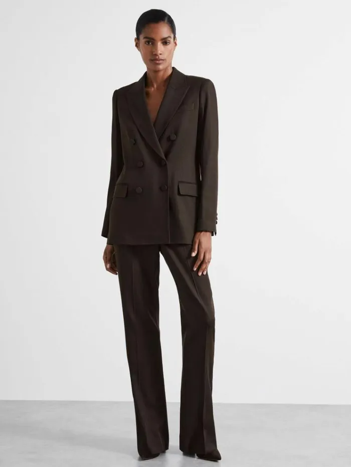 REISS Suits and Tailoring Women Atelier DoubleBreasted VirginWool Blend Suit Jacket Chocolate