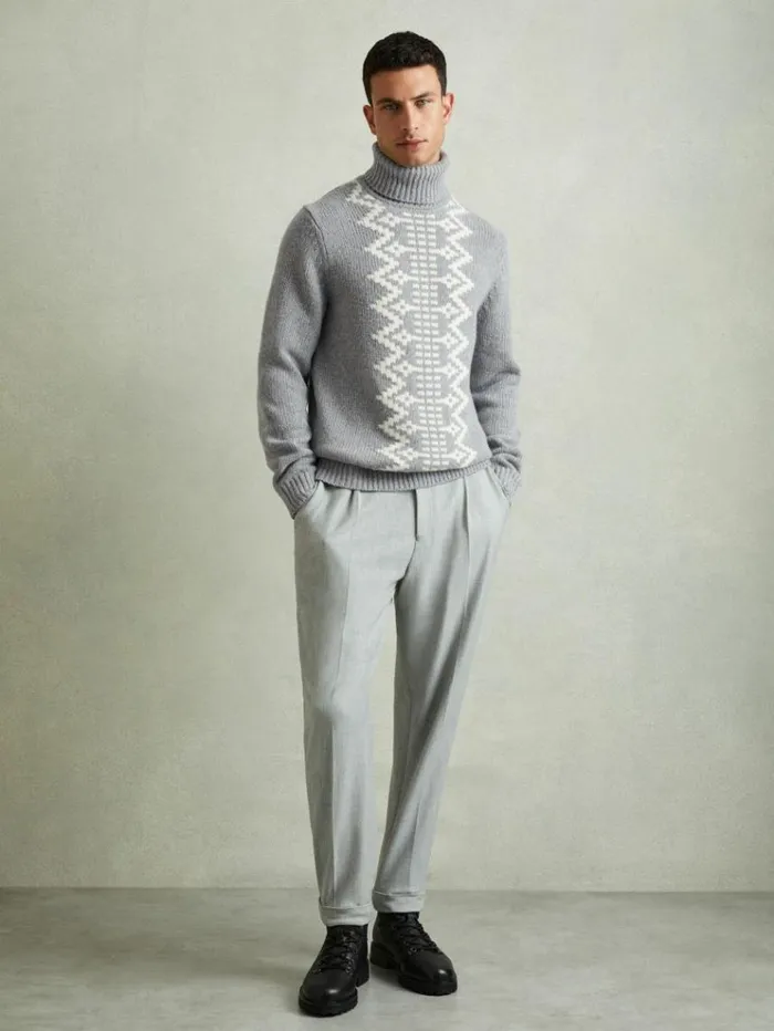 REISS Sweaters Men Wool Blend Fair Isle RollNeck Jumper Grey