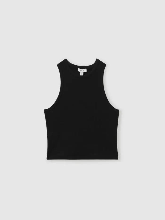 REISS Tops Women Ribbed Cotton Blend Cropped Vest Black