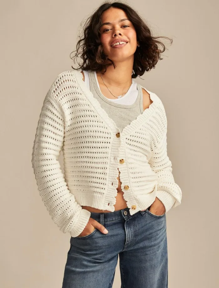 Scallop Pointelle Cardigan Tofu Women Lucky Brand Sweaters and Sweatshirts