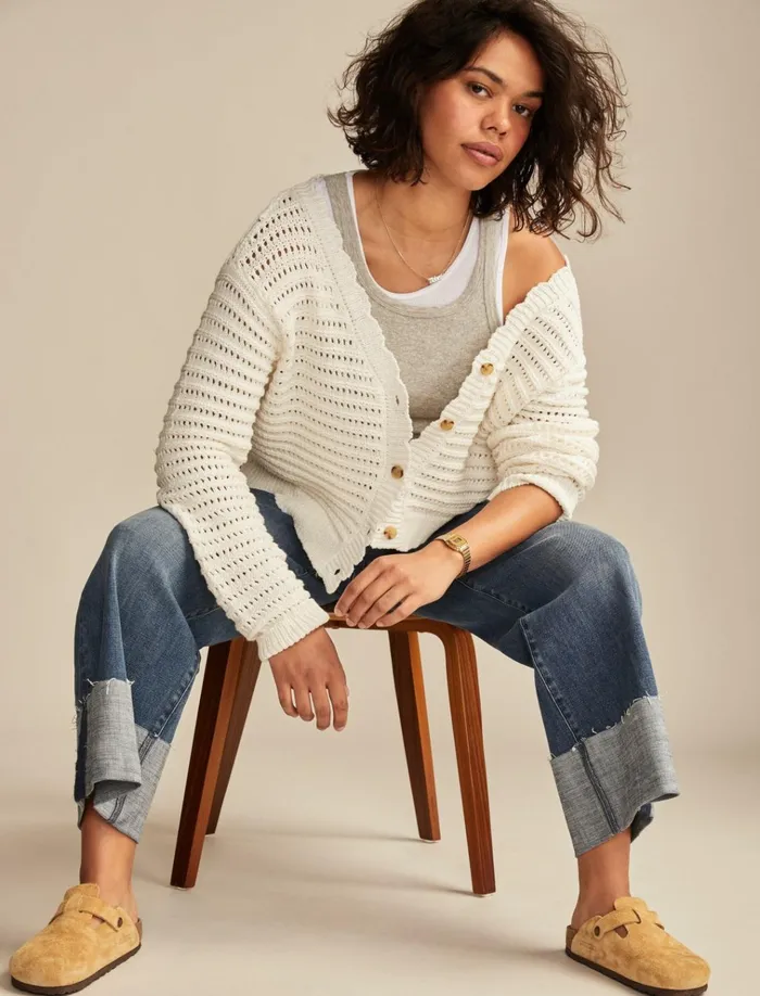 Scallop Pointelle Cardigan Tofu Women Lucky Brand Sweaters and Sweatshirts