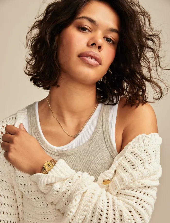 Scallop Pointelle Cardigan Tofu Women Lucky Brand Sweaters and Sweatshirts