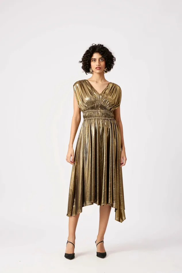 Scarlet Sage Dresses Zeina Metallic Rouched Dress 8211 Dark Gold 8211 Women
