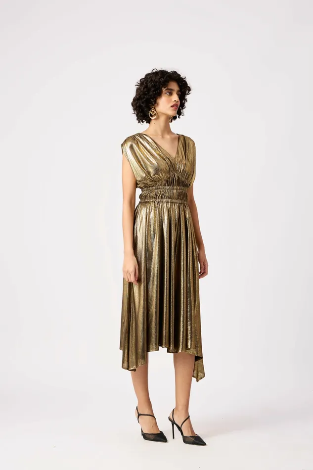 Scarlet Sage Dresses Zeina Metallic Rouched Dress 8211 Dark Gold 8211 Women