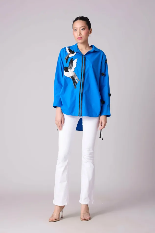 Scarlet Sage Tops Sawyer Applique Shirt 8211 Aster Blue 8211 Women