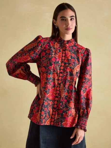 Shirts and Blouses Women Joules Navy Frill Neck Blouse