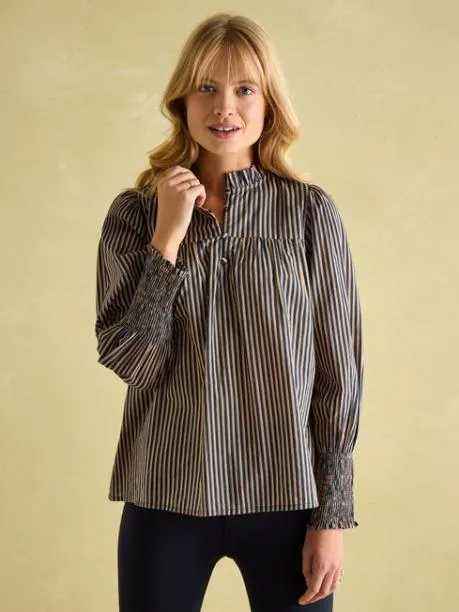 Shirts and Blouses Women Joules Navy Stripe Cotton Frill Neck Blouse