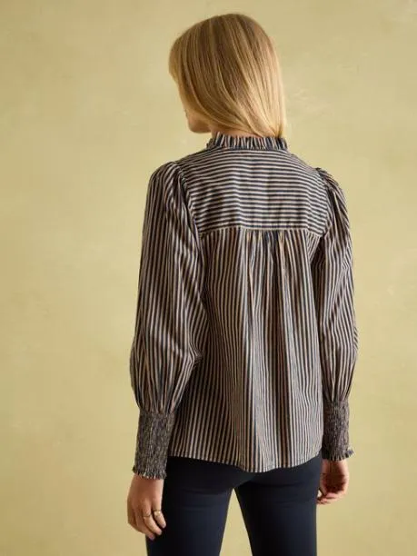 Shirts and Blouses Women Joules Navy Stripe Cotton Frill Neck Blouse