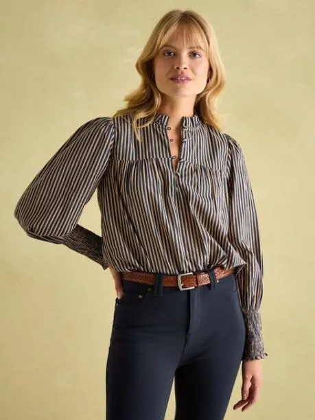 Shirts and Blouses Women Joules Navy Stripe Cotton Frill Neck Blouse