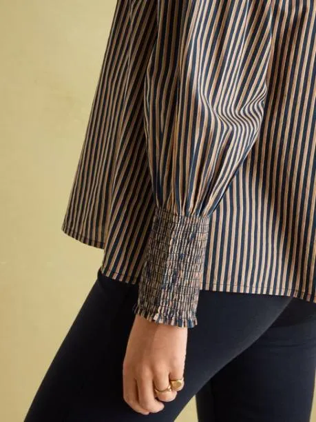 Shirts and Blouses Women Joules Navy Stripe Cotton Frill Neck Blouse