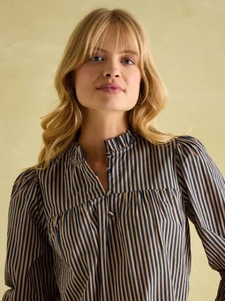 Shirts and Blouses Women Joules Navy Stripe Cotton Frill Neck Blouse