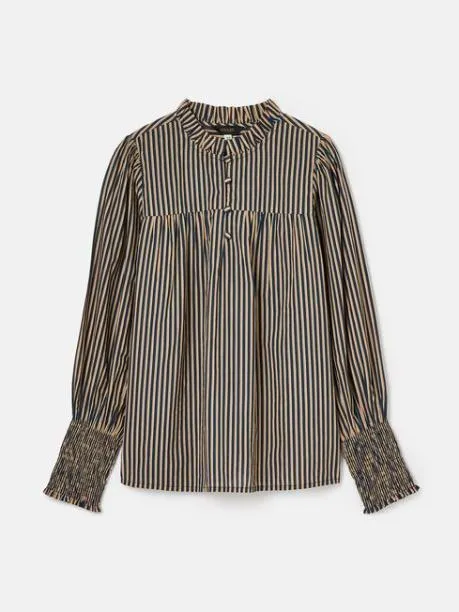 Shirts and Blouses Women Joules Navy Stripe Cotton Frill Neck Blouse