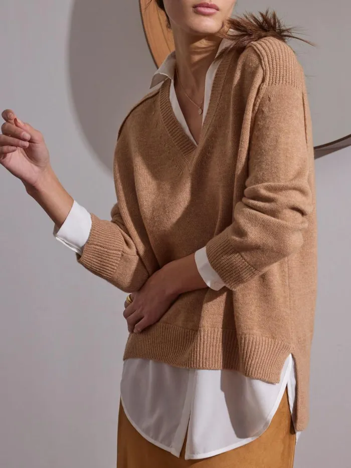 Shop Brochu Walker Sweaters The Looker Layered VNeck Camel With White Underlayer