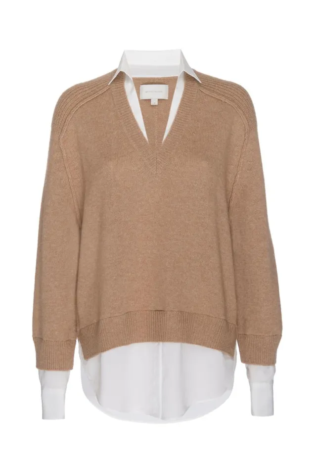 Shop Brochu Walker Sweaters The Looker Layered VNeck Camel With White Underlayer