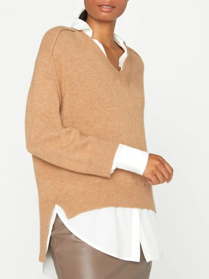 Shop Brochu Walker Sweaters The Looker Layered VNeck Camel With White Underlayer