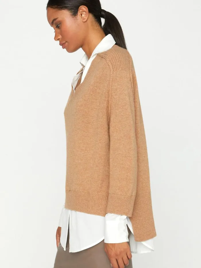 Shop Brochu Walker Sweaters The Looker Layered VNeck Camel With White Underlayer